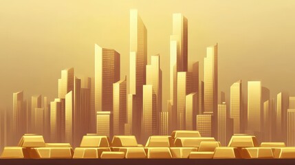 Golden skyscrapers rising with gold bars at the foundation, symbolizing wealth growth