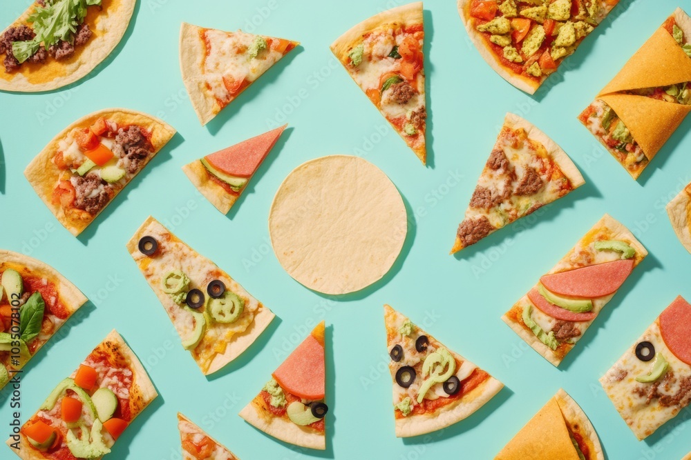 Poster tacos and pizza slices are neatly arranged in a geometric pattern, showcasing a variety of toppings 