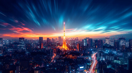 Cityscape with Tower at Sunset,  Illuminated by a  Striking Sky,  Modern Urban Architecture and Night Lights