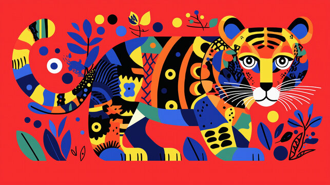 Simple tiger illustration vector art. Flat design with geometric shapes. Stylized tiger 2D graphics. Tiger digital art. Smooth color background.