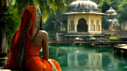 Woman in Orange Sari Contemplating at Pond, Serene Garden Backdrop with Architecture