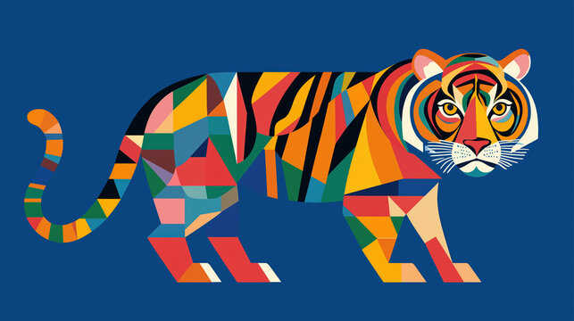 Simple tiger illustration vector art. Flat design with geometric shapes. Stylized tiger 2D graphics. Tiger digital art. Smooth color background.