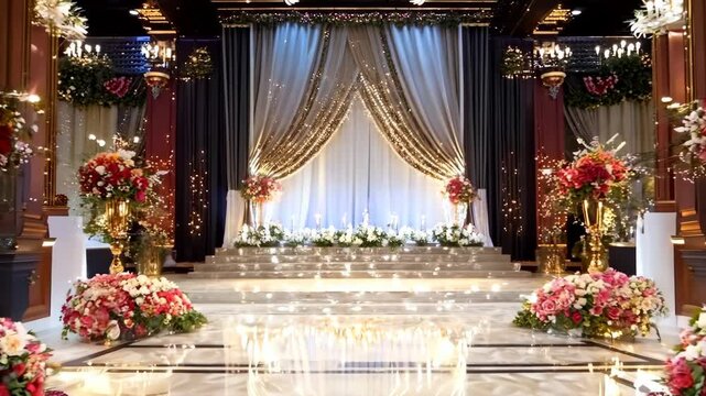 Reception hall decorated with chandeliers and flowers, Video