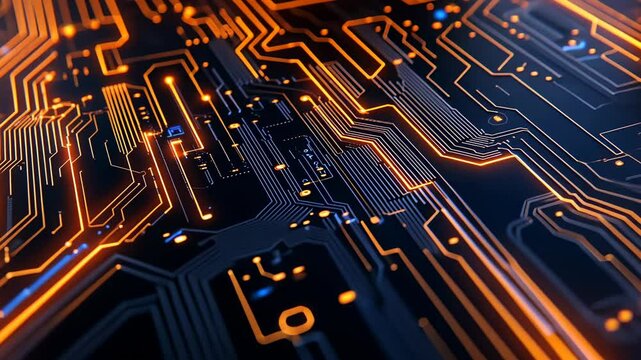 Abstract Circuit Board with Glowing Orange Lines.