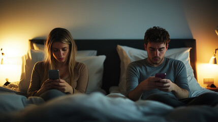 Young couple in bed at night, each absorbed in their smartphone and not interacting with each other