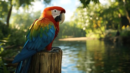 Obraz premium A beautiful and cute colorful parrot, sitting on a forest tree trunk by the river