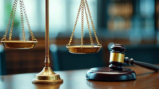 Justice Scales and Gavel on a Wooden Table.