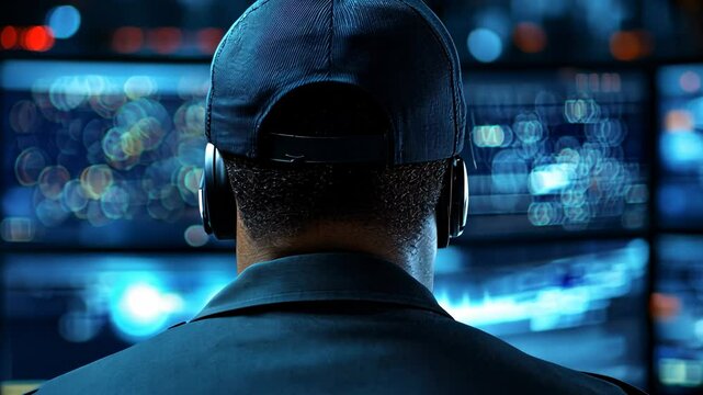 Security Guard Monitoring Security Cameras.