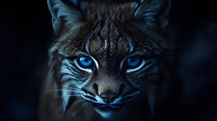 Obraz premium A portrait of a lynx, looking at the camera with intense eyes, against a dark forest background