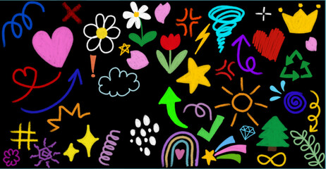 Obraz premium Collection of colorful hand drawn doodles on black background including hearts, stars, flowers, arrows, rainbow, lightning, crown, recycling symbols. and various abstract shapes with bright colors.
