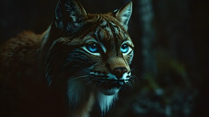 Fototapeta premium A portrait of a lynx, looking at the camera with intense eyes, against a dark forest background