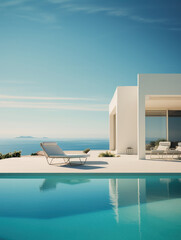 Fototapeta premium A minimalistic modern building with a swimming pool in front, surrounded by outdoor furniture and shaded by clouds in the azure sky. A perfect property for real estate