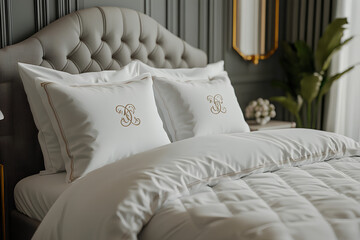 Monogrammed pillowcases in luxury bedding set, cozy home gift, 3D illustration