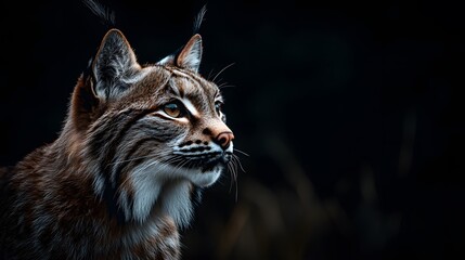 Obraz premium A portrait of a lynx, looking at the camera with intense eyes, against a dark forest background