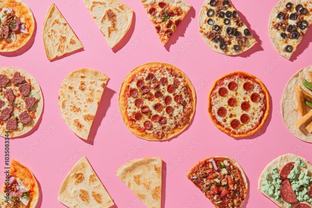 Poster a vibrant array of street food, including tacos and pizzas, beautifully arranged in a geometric layo