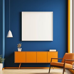 This image showcases a contemporary interior design with a striking blue wall, minimalist furniture, and vibrant orange accents, creating a stylish and inviting atmosphere.