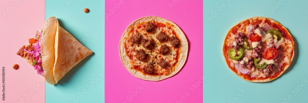 Aufkleber tacos and pizzas are artfully arranged in geometric patterns on bright backgrounds, showcasing popul