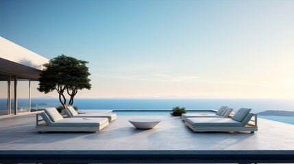 Fototapeta premium A minimalistic modern building with a swimming pool in front, surrounded by outdoor furniture and shaded by clouds in the azure sky. A perfect property for real estate