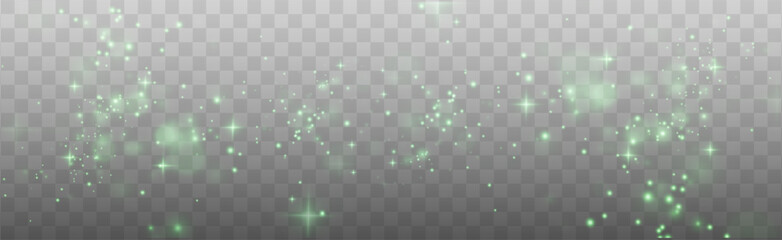 Christmas background. Powder dust light PNG. Magic shining green dust. Fine, shiny dust bokeh particles fall off slightly. Fantastic shimmer effect. Vector illustrator.