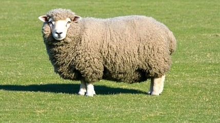 Naklejka premium A photograph of a fluffy white sheep with soft curly wool grazing in a serene pastoral countryside setting The sheep is surrounded by lush green grass and a tranquil picturesque landscape