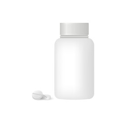 White Bottle Mockup with Pill, Isolated Pharmaceutical Container, Supplement Packaging Template for Medicine and Health Care Design