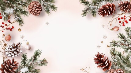 Elegant watercolor wreath frame featuring pinecones and snow-dusted branches with a pale white text area.