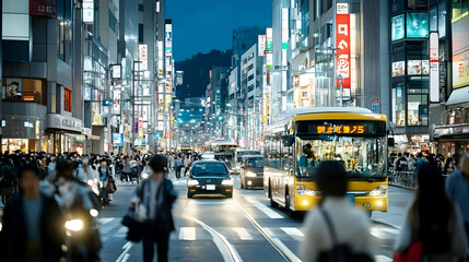 Exploring the Bustling Streets of a City at Night, Filled with People and Vehicles