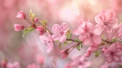 Naklejka premium Delicate pink flowers bloom on a branch, surrounded by a soft, pink and yellow background.