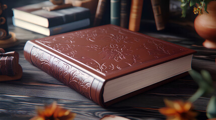 Personalized photo album with embossed cover, precious memories, 3D illustration