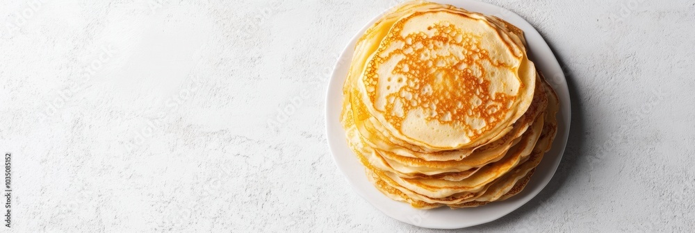 Poster a stack of freshly made golden crepes is arranged neatly on a white plate, inviting toppings for a d