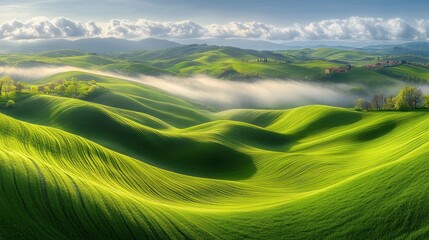 Obraz premium A panoramic view of rolling green hills with a misty valley at sunrise.