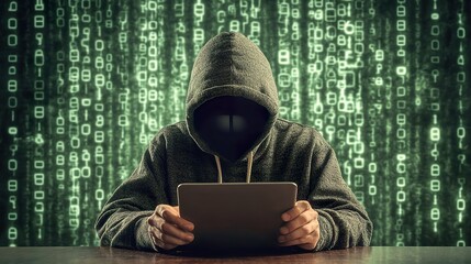 A hacker sifting through databases of stolen personal information, preparing to sell it on the dark web