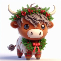 cartoon 3d render a cute highland cow, mysterious eyes cute happy with a Christmas wreath on her head, full body, white background