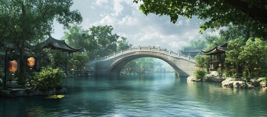Traditional Chinese stone arch bridge over a tranquil river in a serene garden setting.