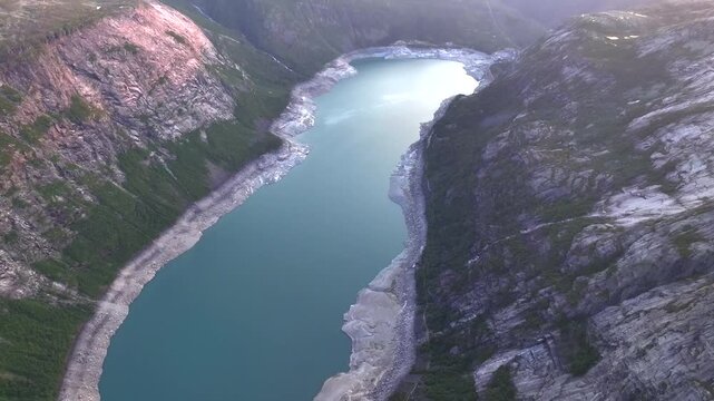 Norway's Breathtaking Ringedalsvatnet Lake where Troll Tongue or Trolltunga is located. Aerial Drone Shot over a Fjord