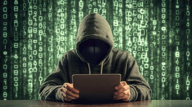 A hacker sifting through databases of stolen personal information, preparing to sell it on the dark web