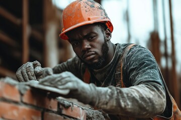 Construction worker smoothing brick, focused laborer with trowel, hard hat, dusty environment, masonry concept