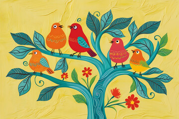Obraz premium A Family of Birds on a Vibrant Tree, a folk-art-inspired illustration of five birds perched on a stylized tree