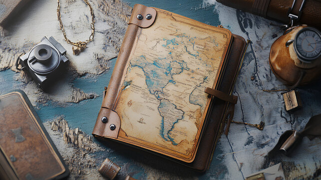Personalized travel journal with custom map design, adventurethemed gift, 3D illustration