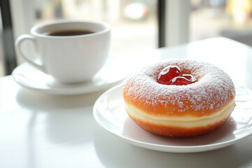 Powdered doughnut with cherry filling served with coffee