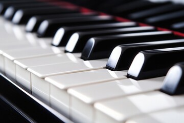 The picture features a detailed close-up of pristine piano keys, showcasing their elegant arrangement and glossy finish. The smooth surface and careful alignment highlight the beauty of music-making.