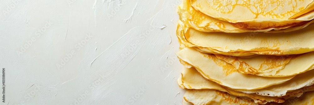 Poster Freshly made golden crepes are stacked neatly on a white surface, inviting indulgers to enjoy them with various toppings. Generative AI