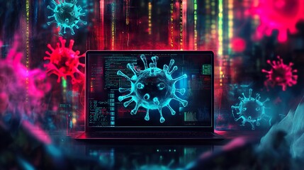 A laptop infected with a virus, displaying corrupted files and malfunctioning applications while a hacker observes