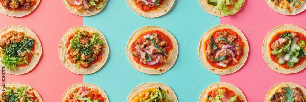 Poster a colorful assortment of tacos and pizza is displayed in a geometric layout, showcasing diverse ingr