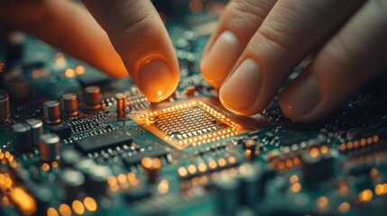 Hands assembling components on a circuit board, focusing on tech repair