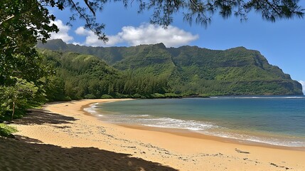 Breathtaking photograph of a serene beach with gentle waves lapping at the shore creating a tranquil and peaceful coastal landscape with a scenic skyline in the distance