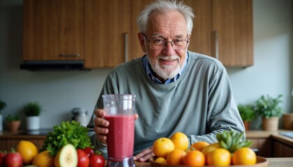 Elderly man preparing a healthy smoothie in the kitchen