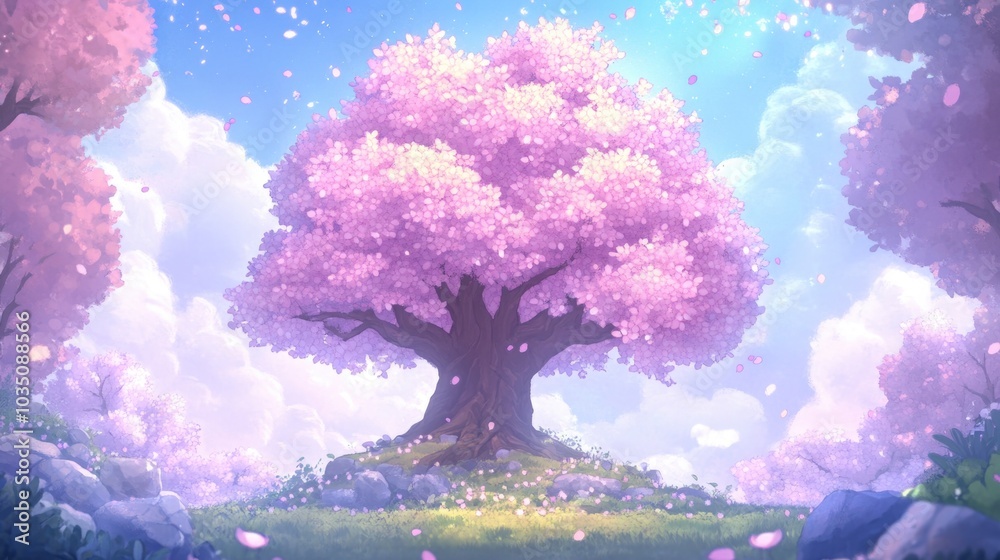 Wall mural Cartoon spring setting with cherry blossom tree. Vivid colors and gentle, glowing light.