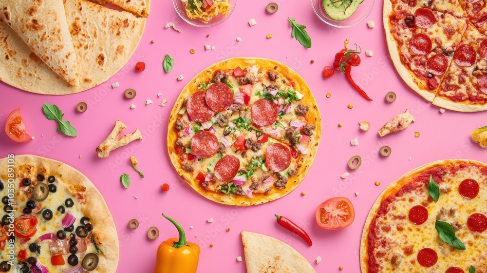 Poster a colorful assortment of tacos and pizzas is beautifully arranged in geometric order on a bright pin