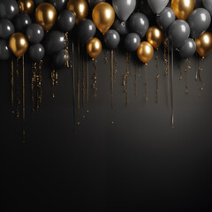 Birthday card, party invite, birthday invitation background with balloons in black and gold colors